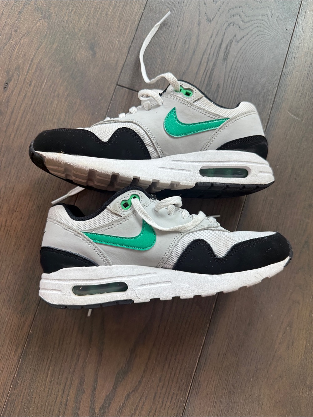 Nike Air Max 1 big Kids White, Gray & Black Sneakers with Green Swoosh